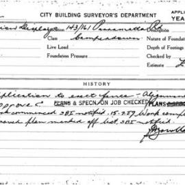 Building Inspectors Card: 143/161 Parramatta Road, Camperdown. Application to erect fence. 1 card.