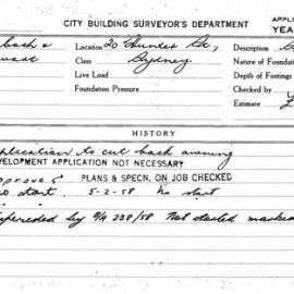 Building Inspectors Card: 20 Hunter street, Sydney. Application to cut back awning. 1 card.