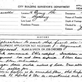 Building Inspectors Card: 16 Quay Street, Sydney. Application to erect shop front etc. 1 card.