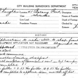 Building Inspectors Card: 41 Botany Road, Waterloo. Application to make alterations to shop front. 