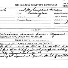 Building Inspectors Card: 36/38 Campbell Ave, Paddington. Application to erect fence. 1 Card. 