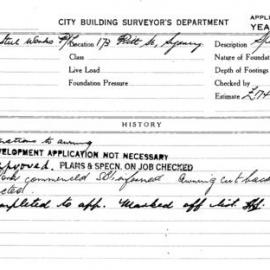 Building Inspectors Card: 173 Pitt St, Sydney. Alterations to awning. 1 card.