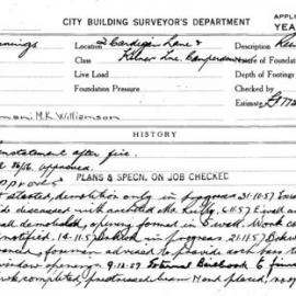 Building Inspectors Card: 2 Cardigan Lane & Kilner Lane Camperdown. Reinstatement after fire. 1 