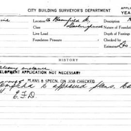 Building Inspectors Card: 15 Bloomfield St Darlinghurst. Balcony enclosure. 1 card.
