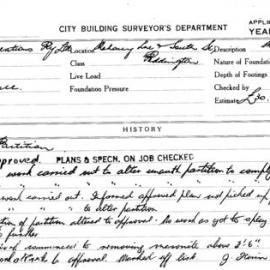Building Inspectors Card: Mahoney Lane & South St Paddington. Partition. 1 card.