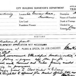 Building Inspectors Card: 62 Emma Road Newtown. Alterations to front. 1 card.