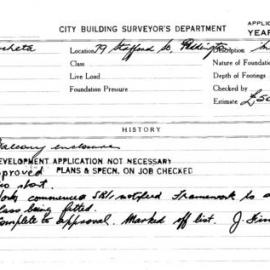 Building Inspectors Card: 79 Stafford St Paddington. Balcony enclosure. 1 card.