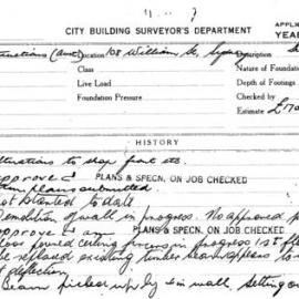 Building Inspectors Card: 108 William St, Sydney. Alterations to shop front . 2 Cards