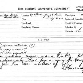 Building Inspectors Card: 37 Darlindhurst Rd Kings Cross. Canvas stalls.1 Card.