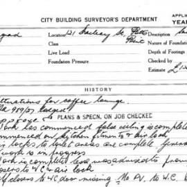 Building Inspectors Card: 121 Macleay St, Potts Point. Alterations for coffee lounge, DA 989/57 