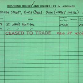 Boarding House Licence Card. 18 Roslyn Street Kings Cross. Nurses' Hostel. St Lukes Hospital 26 Feb 
