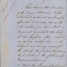 Report on the erection of a Town Hall on the land granted to the City, 1857