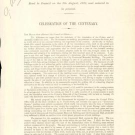 Minute on erection of City Centennial Memorial Building and Centennial Square, 1887