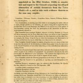 Report on alleged removal of certain documents from the Town Clerk's office, 1850