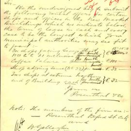 Tender received by Rosenthal & co and W. Gallagher of Oxford St City & Metropolitan Hotel King St 