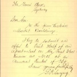 Tender received by G.R. Swyny, Estate Agent at the Royal Arcade, Pitt St Sydney to lease half an 