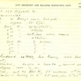Building Survey Card. 139 Elizabeth St. Commercial type. Plan attached.