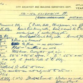 Building Survey Card - 150-152 Elizabeth Street - Australian Hall, commercial building (plan), 1948