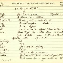 Building Survey Card. 65 Bayswater Rd. Apartment house. Ordinary constructon. Plan attached.