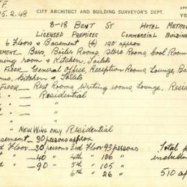 Building Survey Card - Hotel Metropole - 8-18 Bent Street Sydney, 1948