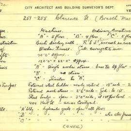 Building Survey Card. 251-255 Clarence St. Brasch Macarthur Ltd. Warehouse/ retail showrooms. Plan 