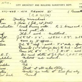 Building Survey Card. 406-408-410 Crown St. (Bussells) Factory Warehouse. BA 767/39, new 