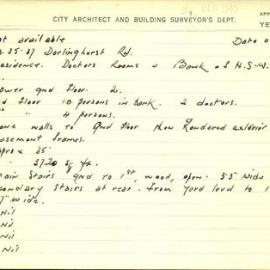 Building Survey Card. 33-37 Darlinghurst Rd. Residence, Doctors rooms, Bank of NSW. Plan attached. 