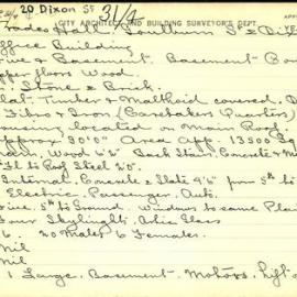 Building Survey Card. 20 Dixon St, Trades Hall, cnr Goulburn St. Office building. Plan attached.