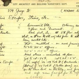 Building Survey Card. 379 George St. (Kodak Ltd). Commercial building. Papers 108/43. Plan attached.