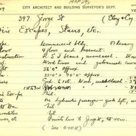 Building Survey Card. 397 George St. (Elvy & Co Pty Ltd) . Commercial building. Plan attached. 
