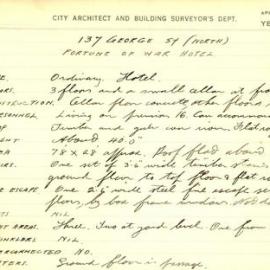 Building Survey Card. 137 George St Nth. Fortune of War Hotel. Plan attached. Blind lane at rear to 