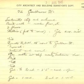 Building Survey Card. 72 Goulburn St. Locksmith shop and workrooms. Plan attached.