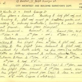 Building Survey Card. 13 Hunter St & 308A George St. 5 flrs + basement. Plan attached, Hardy's 