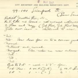 Building Survey Card. 99-101 Liverpool St. "Sam Lands"   retail jewellers store