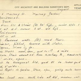 Building Survey Card. 6 Macleay St. "Macleay Gardens. Residences. Plan attached. 
