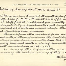 Building Survey Card. Miller St. Builidngs bounded at west by Mount St , west side of Jones St 