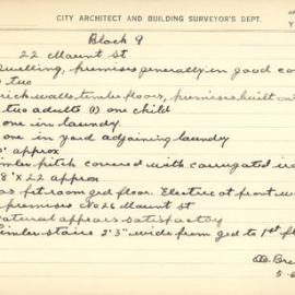 Building Survey Card. 22 Mount St. Dwelling. Elec conn at No26. Plan attached. private lane at rear.