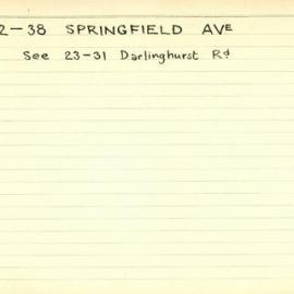 Building Survey Card. 32-38 Springfield Ave. See 23-31 Darlinghurst Rd.