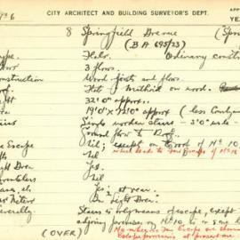 Building Survey Card. 8 Springfield Ave. Springfield Court. BA695/23. Flats. Plan Attached.