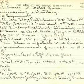 Building Survey Card. 357 Sussex St. Foley Bros. Commercial and factory. Plan attached. 