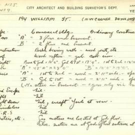 Building Survey Card.  194 William St. NW cnr Dowling St. Holdens. Commercial bldg. Plan attached. 