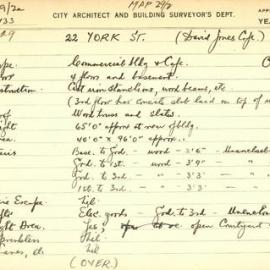 Building Survey Card - David Jones Commercial Building and Cafe, 22 York Street Sydney, 1939-1943