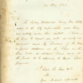 Letter - Police Superintendent's Office requests prisoners of the Crown return to Hyde Park Barracks, 1843