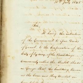 Letter  - Issue of Deeds of Grant to Market Sheds, 1845