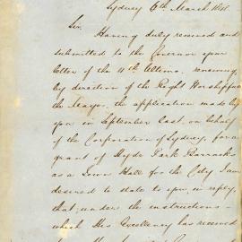 Letter  - Denial of application for grant at Hyde Park Barracks for Sydney Town Hall, 1848 