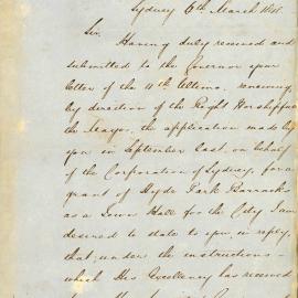 Letter - Denial of application for grant at Hyde Park Barracks for Sydney Town Hall, 1848 