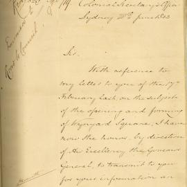 Letter - Colonial Secretary referring to the Opening and Forming of Wynyard Square, 1852
