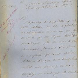 Letter - Application for Issue to the Municipal Council of a grant, Bridge Street Sydney, 1857