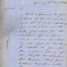 Letter - Alteration to the site granted to Council to build a Town Hall, 1858