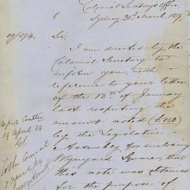 Letter from Colonial Secretary referring to the amount voted (£150) by the Legislative Assembly for 